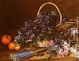 A Still Life with a Basket of Flowers, Oranges and a Fan on a Table by Antoine Vollon